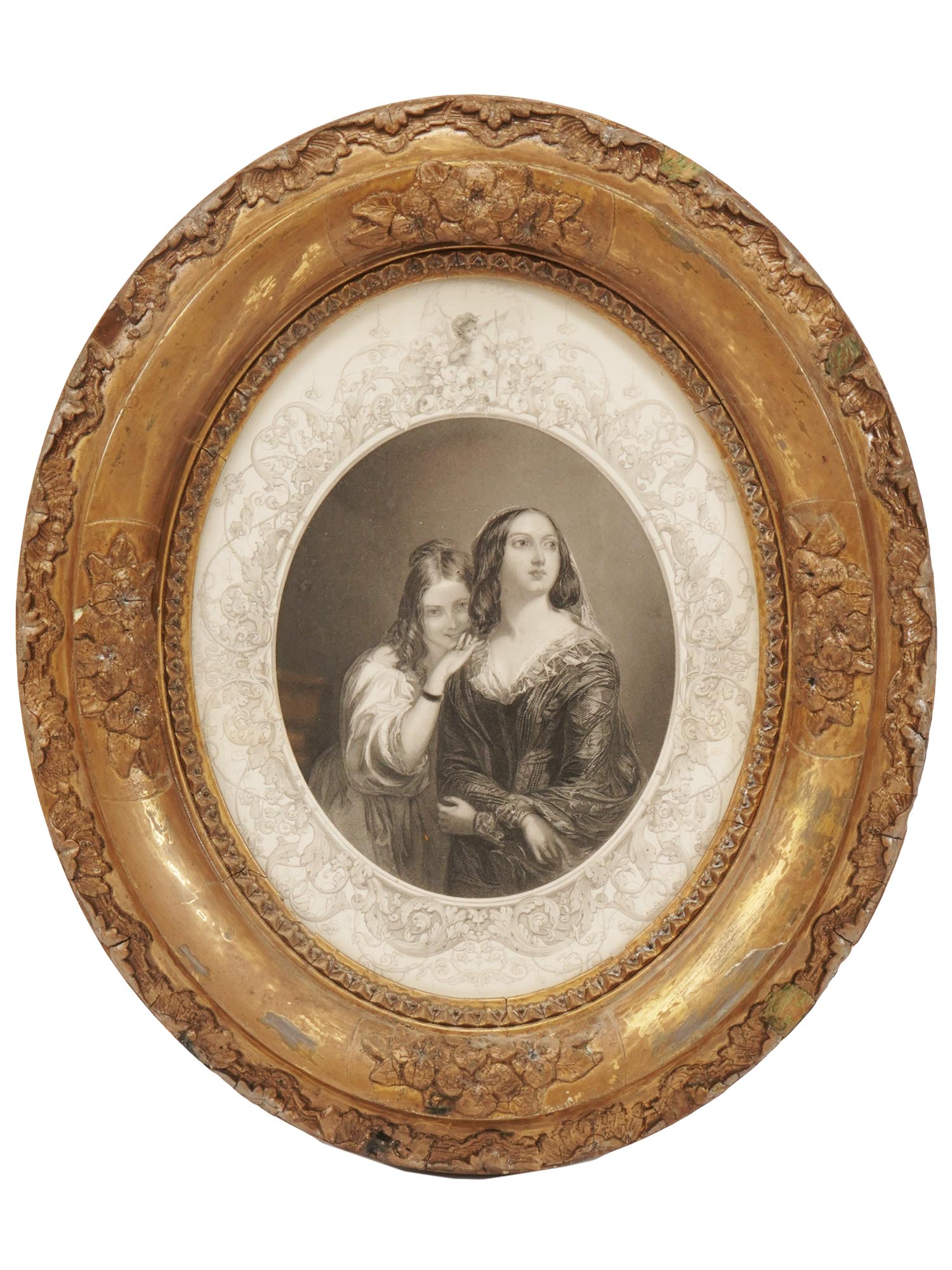 ANTIQUE OVAL TWO LADIES PORTRAIT ENGRAVING PRINT PIC-0